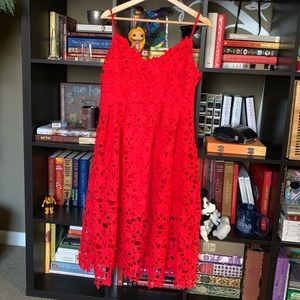 Red Midi Lace/Crochet Flower v-neck dress - L